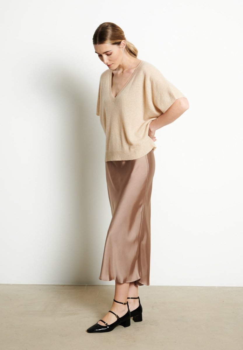 Pull col V cachemire beige femme - RIA 25-3