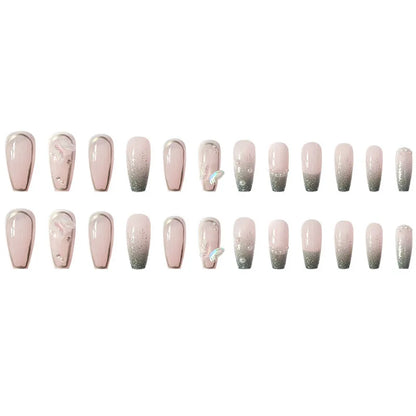 24 Pcs Long Press On Nails with Pink Rhinestones-4