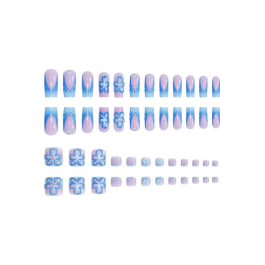 48 Pcs Blue 3D Flower Press On Nails Set-1