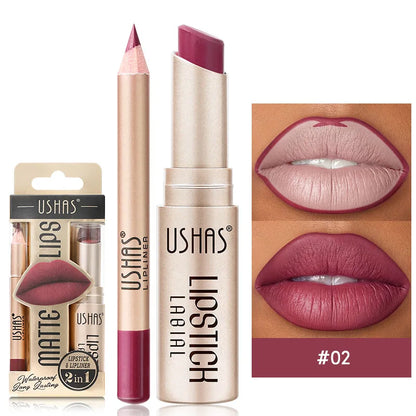 USHAS 12 Color Lip Liner Plus Lipstick Set Long Lasting Matte-12