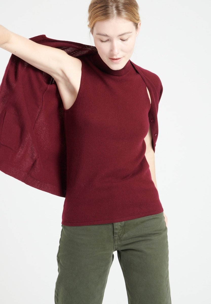 Pull col roulé sans manches cachemire rouge bordeaux femme - LILLY 13-4