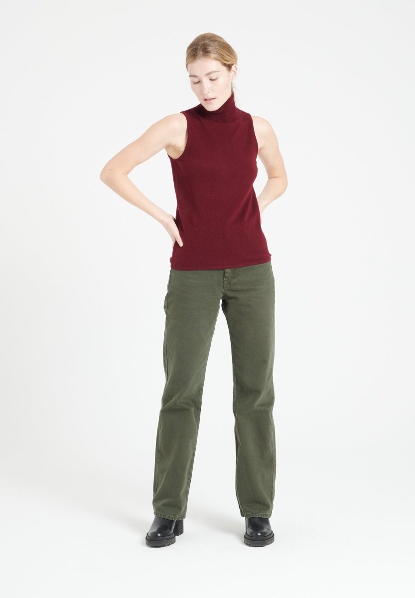 Pull col roulé sans manches cachemire rouge bordeaux femme - LILLY 13-2