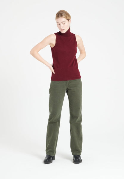 Pull col roulé sans manches cachemire rouge bordeaux femme - LILLY 13-2
