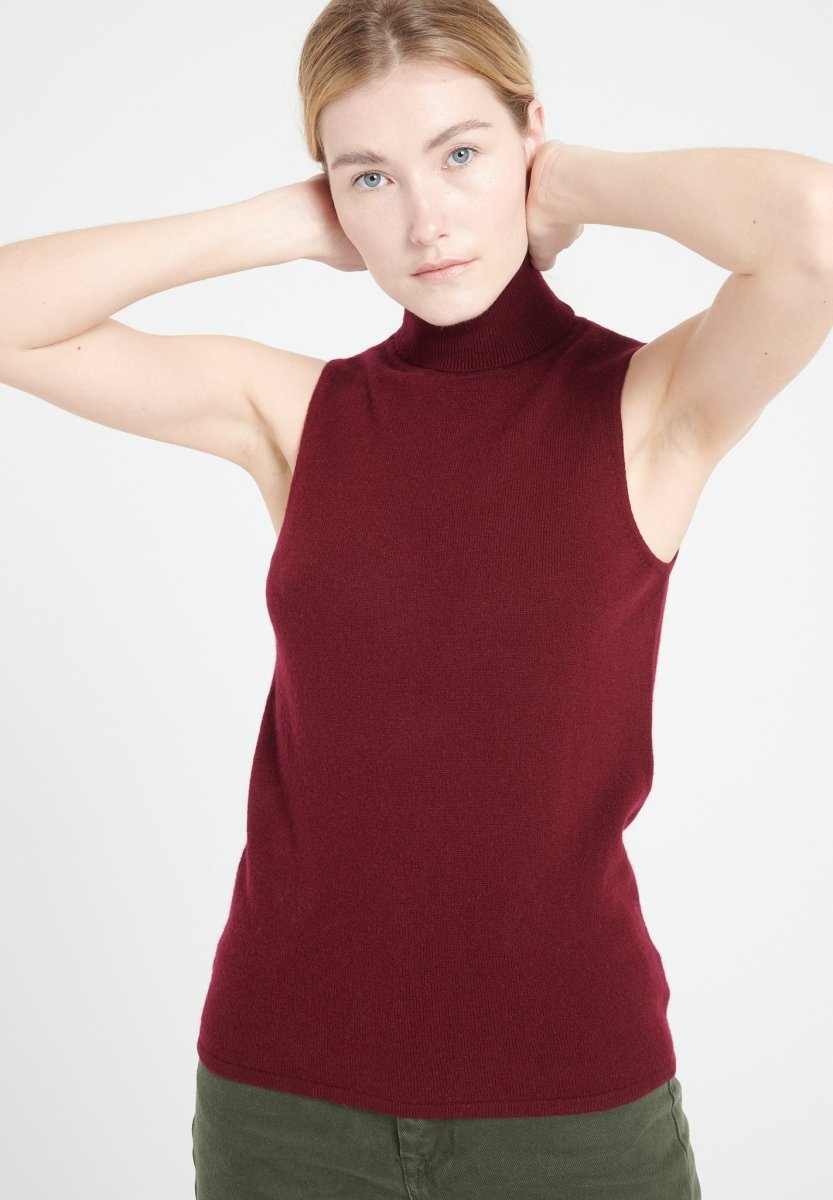 Pull col roulé sans manches cachemire rouge bordeaux femme - LILLY 13-1