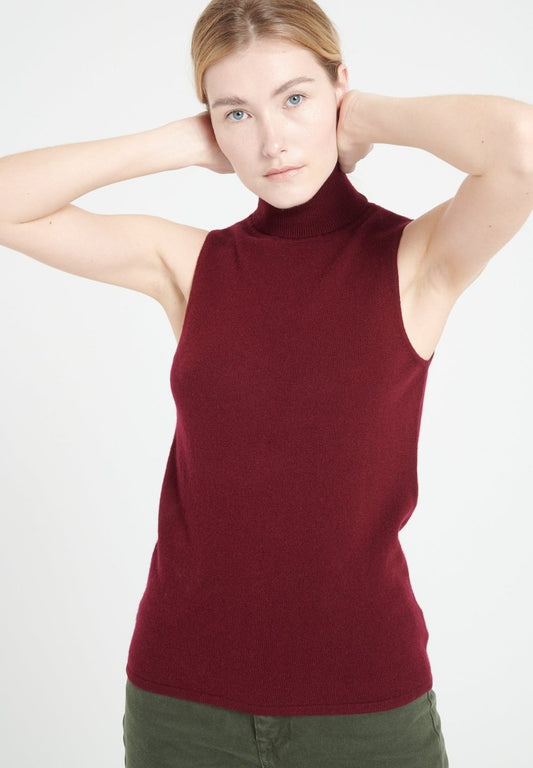Pull col roulé sans manches cachemire rouge bordeaux femme - LILLY 13-1
