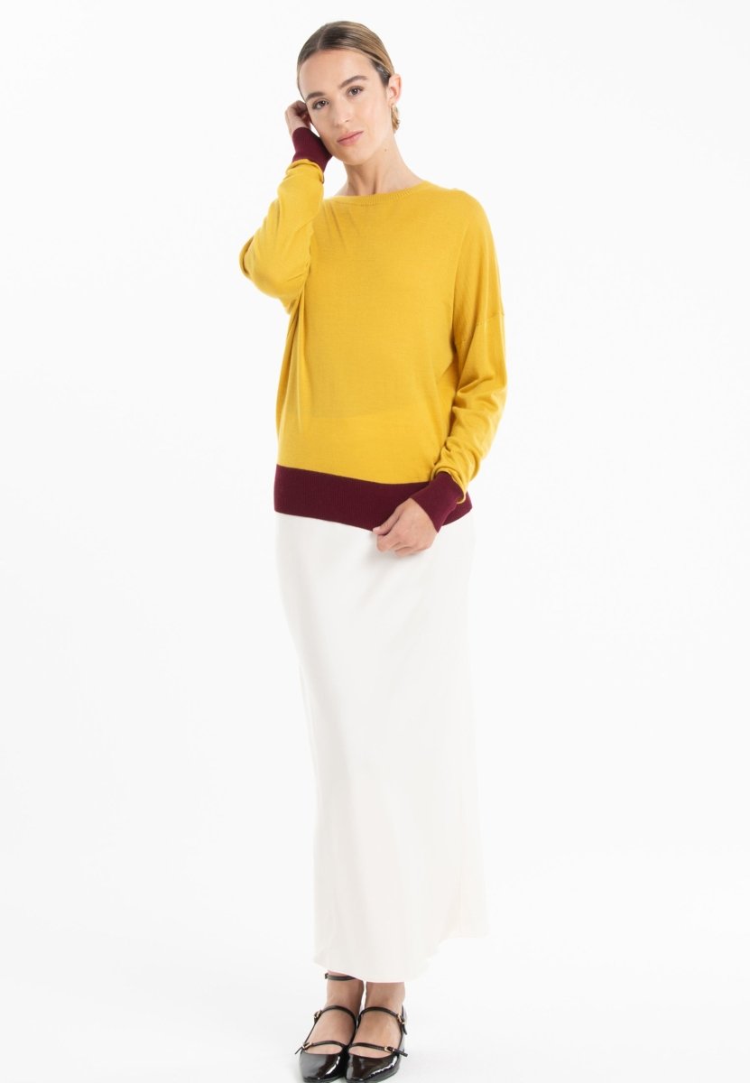 Pull col rond oversize ultrafin cachemire et laine jaune/rouge bordeaux femme - KELLY 3-2