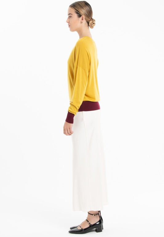 Pull col rond oversize ultrafin cachemire et laine jaune/rouge bordeaux femme - KELLY 3-1