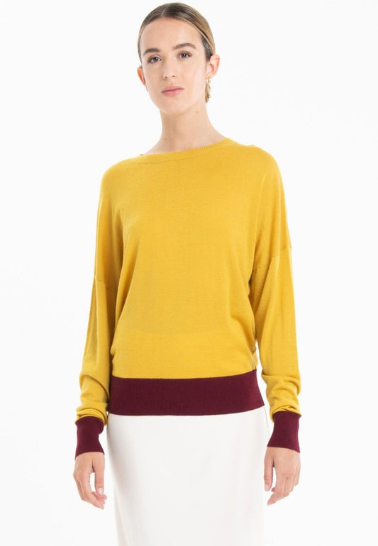 Pull col rond oversize ultrafin cachemire et laine jaune/rouge bordeaux femme - KELLY 3-0