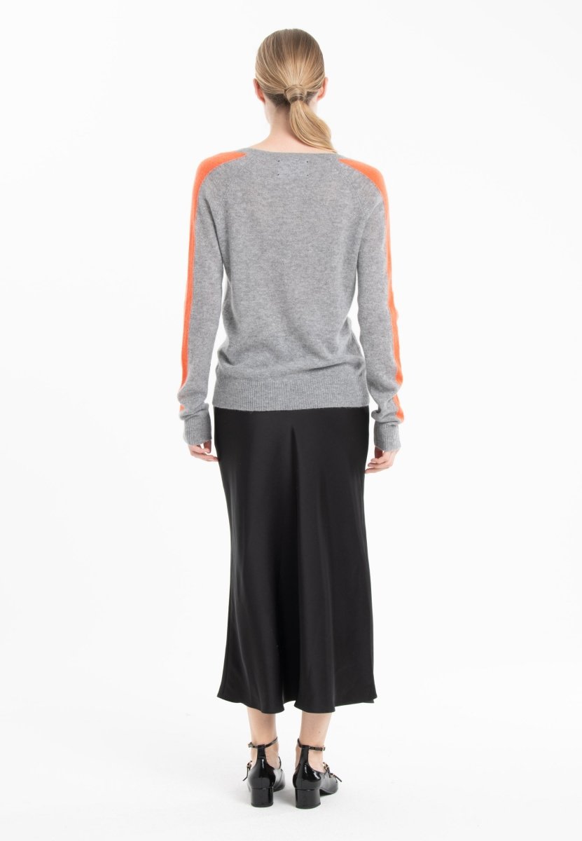 Pull col V cachemire gris clair/mandarine femme - RIA 1-3