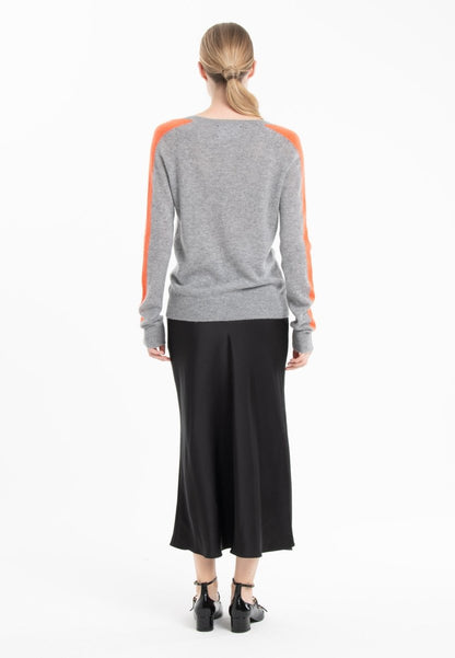 Pull col V cachemire gris clair/mandarine femme - RIA 1-3