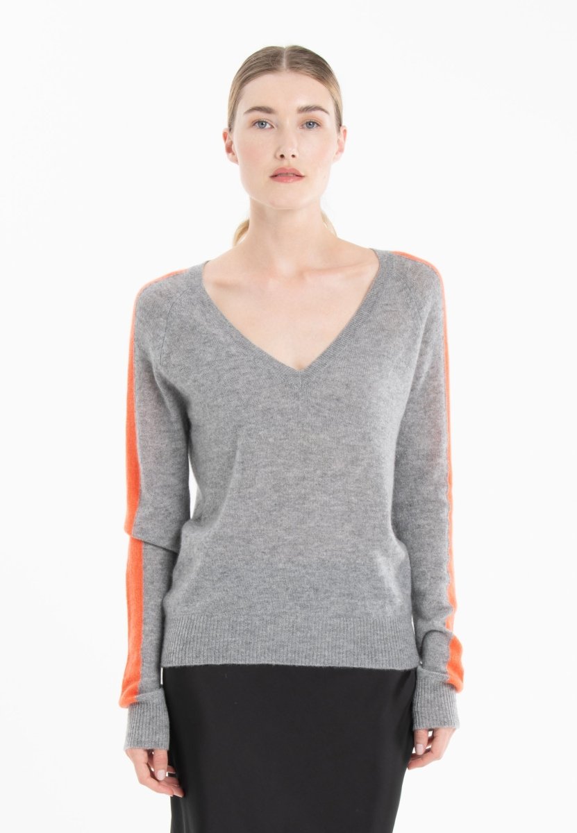 Pull col V cachemire gris clair/mandarine femme - RIA 1-0