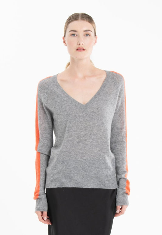 Pull col V cachemire gris clair/mandarine femme - RIA 1-0