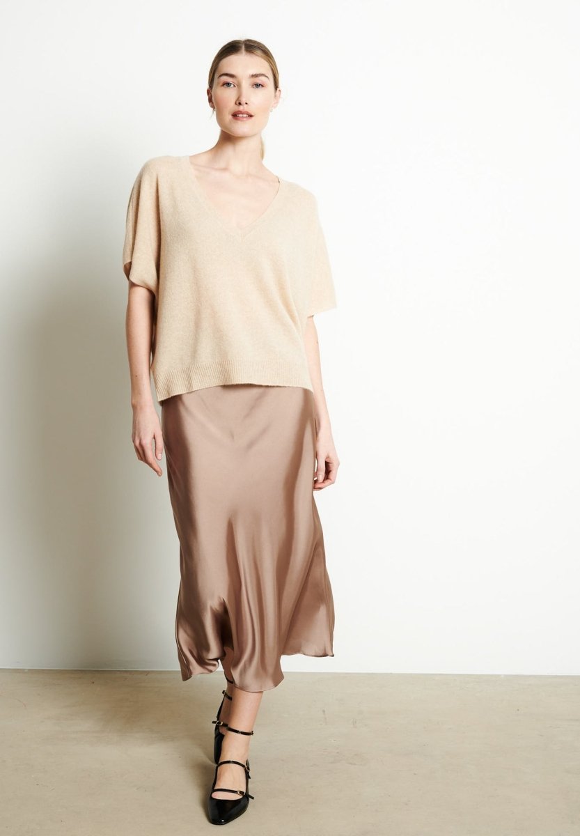 Pull col V cachemire beige femme - RIA 25-4